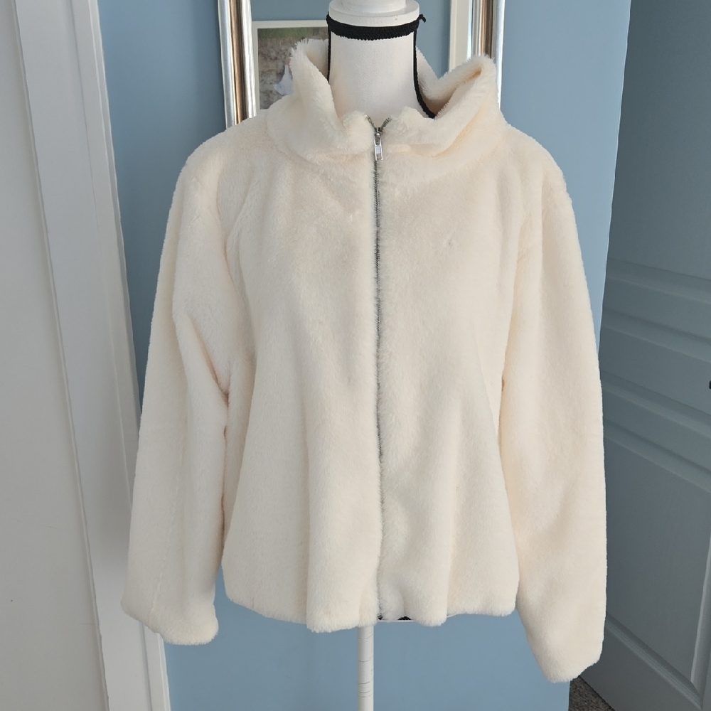 Fair Haven Cozy OFF WHITE  Cream FAUX FUR BOMBER Zip-Up Jacket XL Y2k